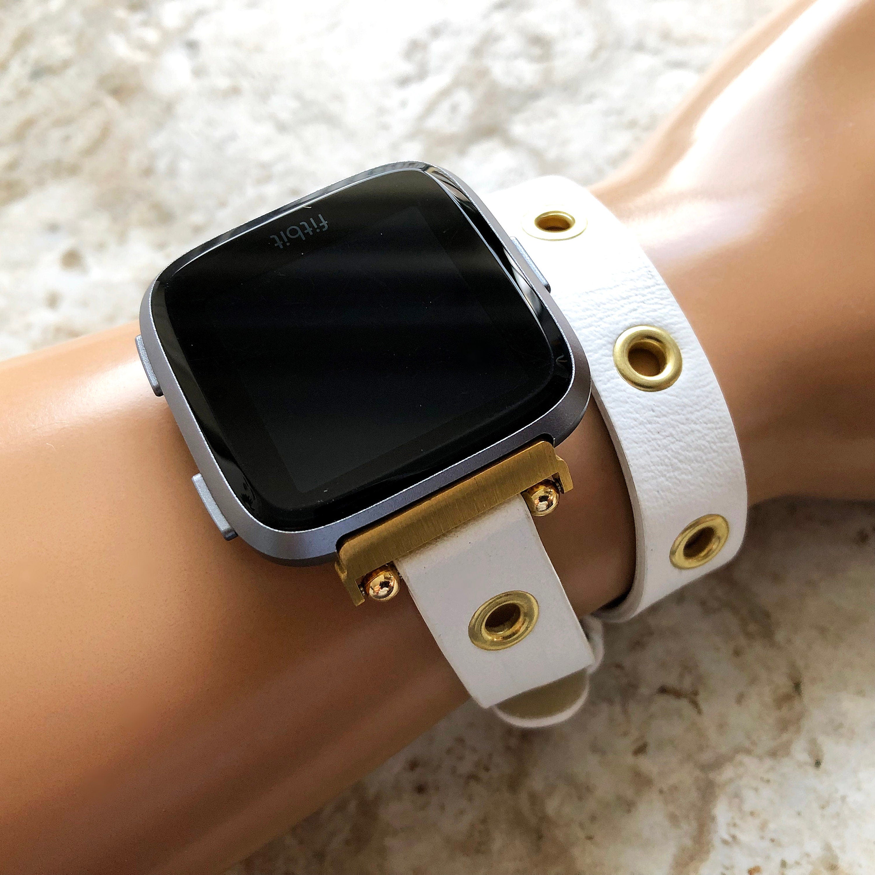 Fitbit Grommets Band for Versa 2 3 4 Sense 2 White Eco Leather Watch Strap Double Wrap Around Wrist Bracelet Silver Rose Gold Black Buckle